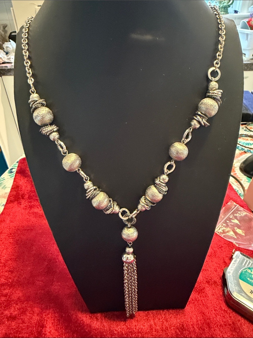 Vintage Elegant pewter tone Tassel Necklace-some tone loss but not noticeable